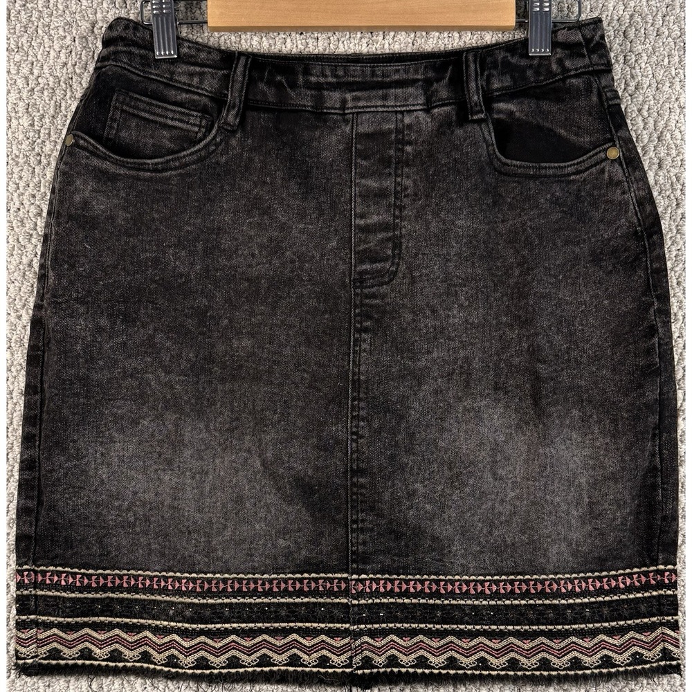 Black Denim Mini Skirt Tribal Aztec Hem Y2K Indie Boho Festival Size 8